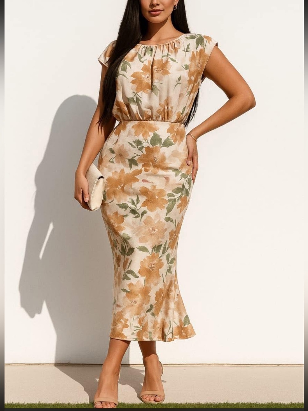 Floral Cap-Sleeve Maxi Dress in Beige and Brown size M